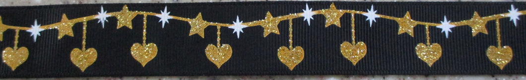 Hearts...Glitter Gold and Stars on Black 1 Inch
