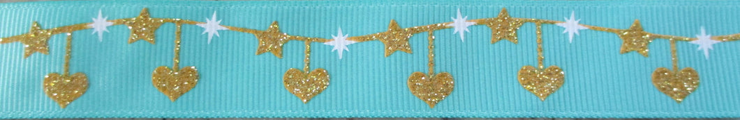 Hearts...Glitter Gold and Stars on Aqua 1 Inch