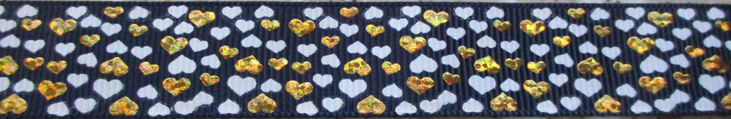 Hearts...Tiny White and Gold on Black 1 Inch